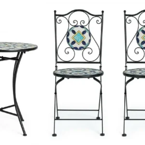 Set di 2 sedie pieghevoli e 1 tavolino in acciaio e ceramica
