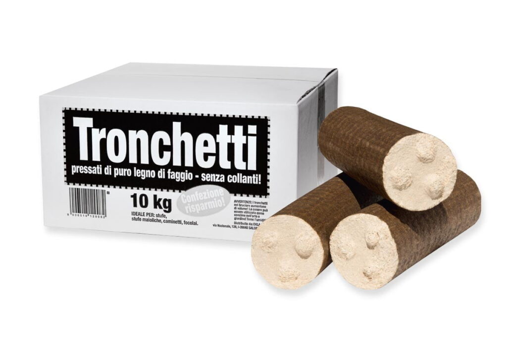 Tronchetto legna pressata 10 kg   90 confezioni x bancale